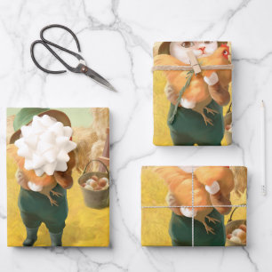 Hoja De Papel De Regalo Gato Adorable con Hen en la Granja