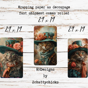 Hoja De Papel De Regalo Gato Antiguo con Sombrero y Vestido de Teal Decoup