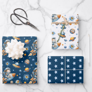 Hoja De Papel De Regalo Gato Astronauta Lindo Patrón Galaxia Azul Marino E