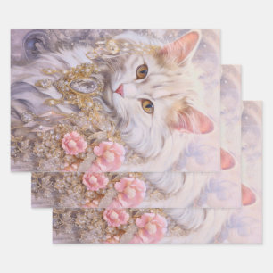 Hoja De Papel De Regalo Gato blanco elegante en oro y diamantes