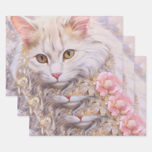 Hoja De Papel De Regalo Gato blanco elegante en oro y diamantes