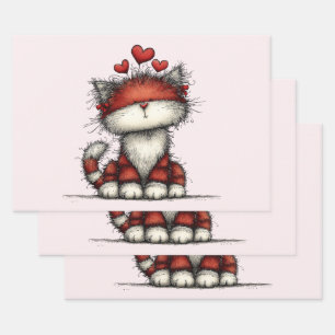 Hoja De Papel De Regalo Gato con Corazones de Amor Rojo Lindo y Divertido