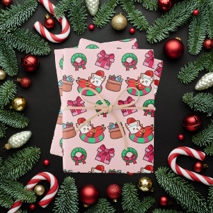 Hoja De Papel De Regalo Gato de Navidades rosados y kawaii rojos