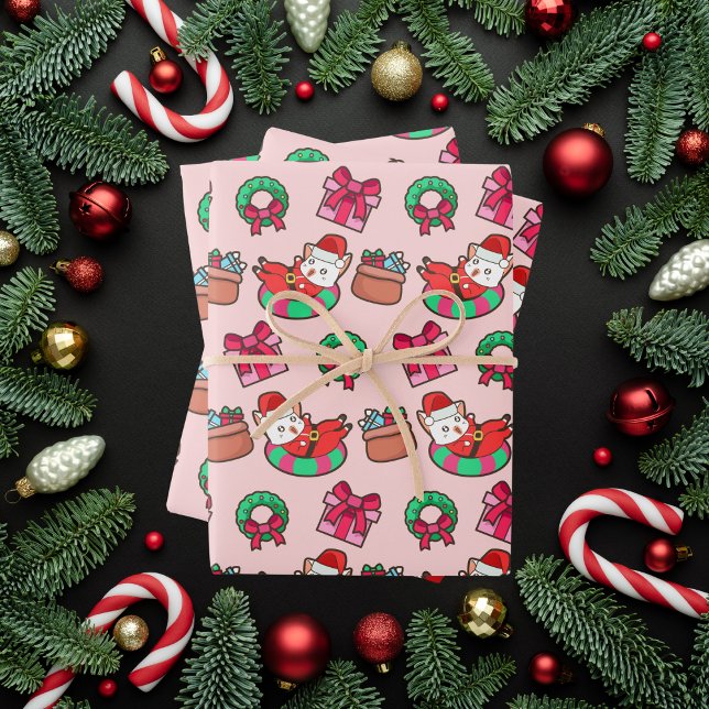 Hoja De Papel De Regalo Gato de Navidades rosados y kawaii rojos (Subido por el creador)