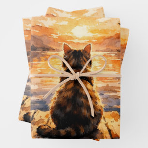 Hoja De Papel De Regalo Gato en el muelle al atardecer