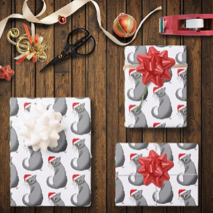 Hoja De Papel De Regalo Gato gris de Navidades divertidos