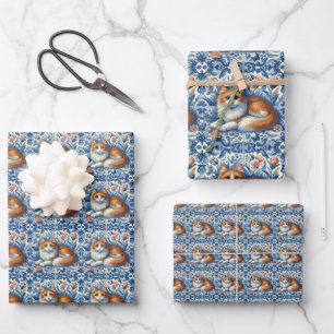 Hoja De Papel De Regalo Gato Jengibre Delft Inglés Floral Azul Blanco