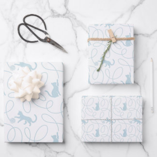Hoja De Papel De Regalo Gato Juguetón y Patrón de Bola de Hilo Azul Claro