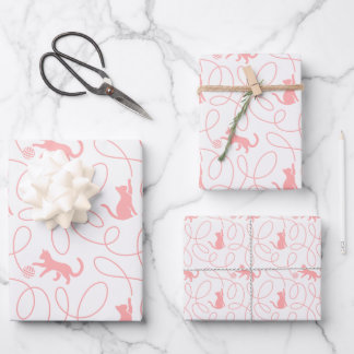 Hoja De Papel De Regalo Gato Juguetón y Patrón de Bola de Hilo Coral Claro