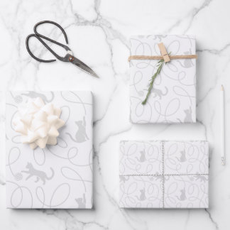 Hoja De Papel De Regalo Gato Juguetón y Patrón de Bola de Hilo Gris Claro