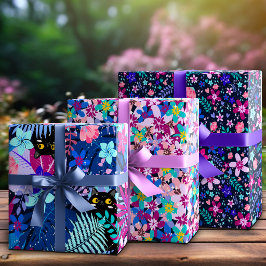 Hoja De Papel De Regalo Gato Negro Caprichoso Escondido en Flores de Media