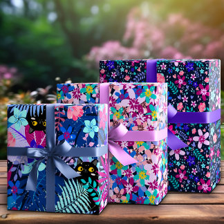 Hoja De Papel De Regalo Gato Negro Caprichoso Escondido en Flores de Media