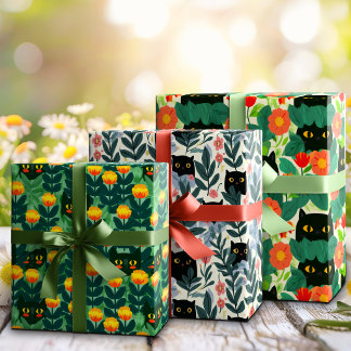 Hoja De Papel De Regalo Gato Negro Caprichoso Oculto Entre Floraciones Del