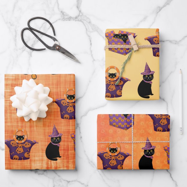 Hoja De Papel De Regalo Gato negro de Halloween (Anverso)