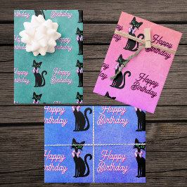 Hoja De Papel De Regalo Gato negro lindo ojos verdes lazo Feliz Cumpleaños