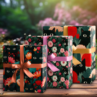 Hoja De Papel De Regalo Gato Negro Oculto en Flor Botánica Romántica Rosa