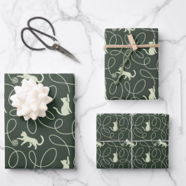 Hoja De Papel De Regalo Gato Neutral Terroso y Bola de Estambre Bosque Ver