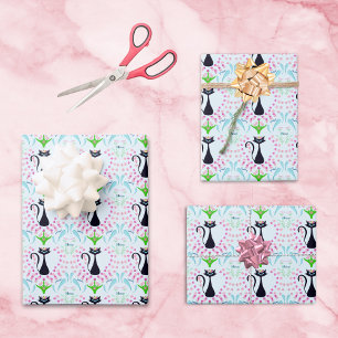 Hoja De Papel De Regalo Gato Retro Con Corazón Y Flores De Mamá