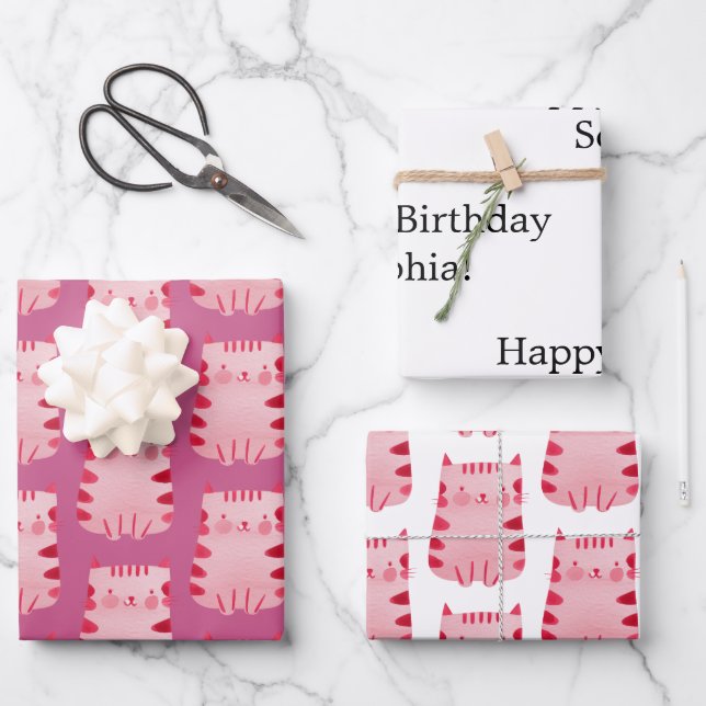 Hoja De Papel De Regalo Gato rosa dulce cumpleaños personalizado (Anverso)