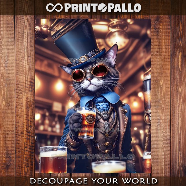 Hoja De Papel De Regalo Gato steampunk, sombrero, gafas y cerveza - Decoup (Subido por el creador)