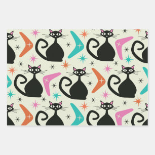 Hoja De Papel De Regalo Gatos atómicos negros de mediados del siglo XX con