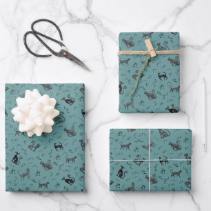 Hoja De Papel De Regalo Gatos de Arte Rupestre en Gris Cian