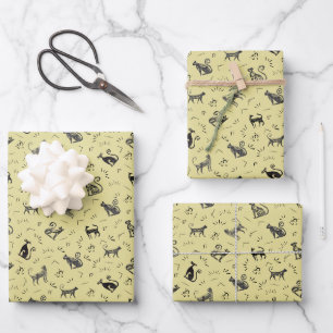 Hoja De Papel De Regalo Gatos de Arte Rupestre sobre Amarillo