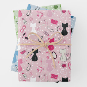 Hoja De Papel De Regalo Gatos del corazón retro y puntos de polka