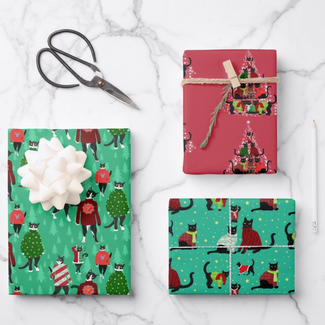 Hoja De Papel De Regalo Gatos divertidos usan Navidades sudaderos trío (Anverso)