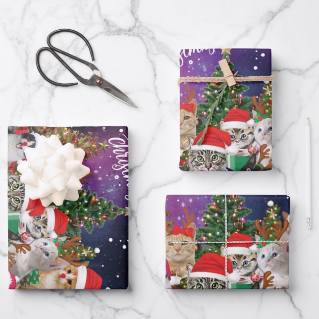 Hoja De Papel De Regalo Gatos Feliz Navidad Luz (Anverso)