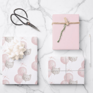 Hoja De Papel De Regalo Gatos Globos Rosados Cumpleaños