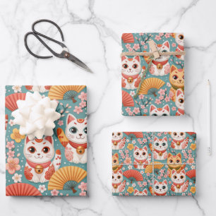 Hoja De Papel De Regalo Gatos Kawaii Japoneses con Cumpleaños de Flores de