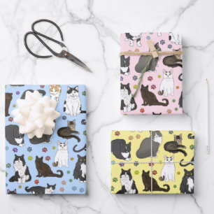 Hoja De Papel De Regalo Gatos Lotsa - rosa, azul, amarillo