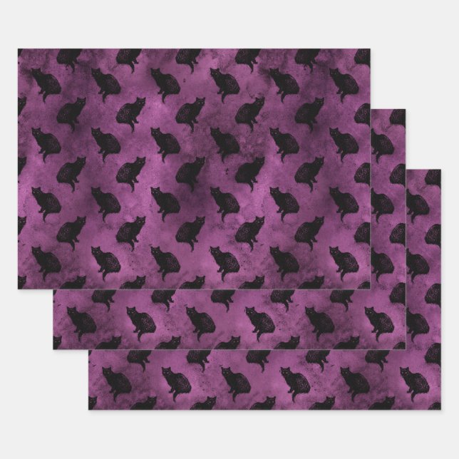Hoja De Papel De Regalo Gatos negros en morado (Set)