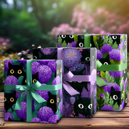 Hoja De Papel De Regalo Gatos negros ocultos en un soñador jardín floral p