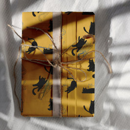 Hoja De Papel De Regalo Gatos negros sobre mostaza con contornos azules– M