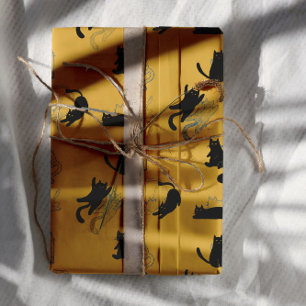 Hoja De Papel De Regalo Gatos negros sobre mostaza con contornos azules– M