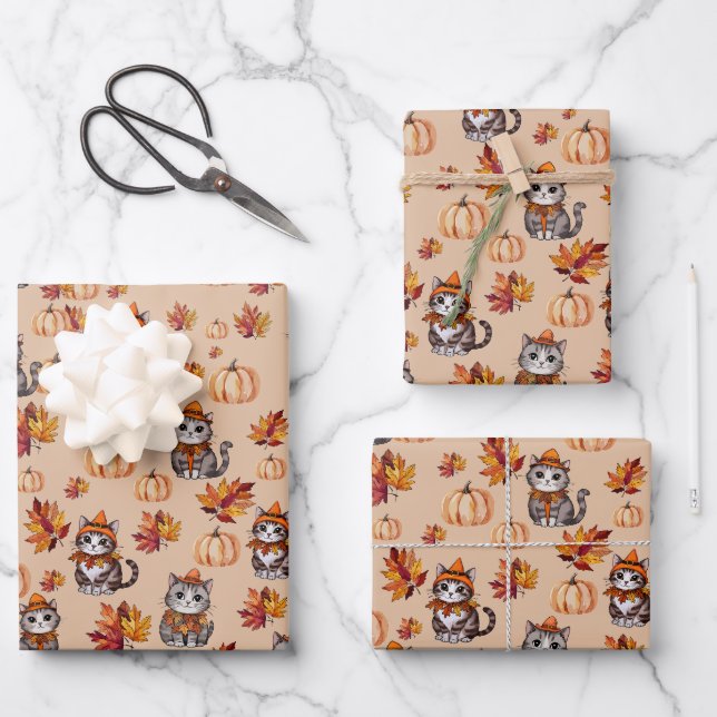 Hoja De Papel De Regalo Gatos y calabazas otoñales (Anverso)
