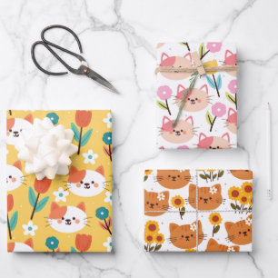 Hoja De Papel De Regalo Gatos y flores