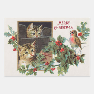 Hoja De Papel De Regalo Gatos y navidades de pájaros de la época
