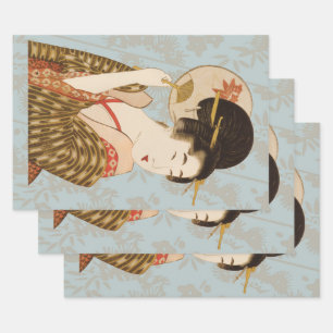 Hoja De Papel De Regalo Geisha japonesa vintage Chica en Kimono con ventil