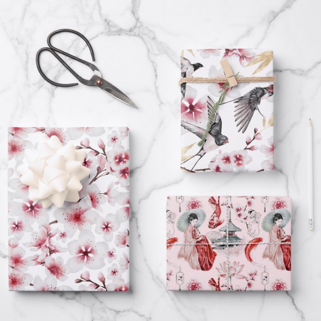 Hoja De Papel De Regalo Geisha Koi, japonés y acuarela del templo (Anverso)