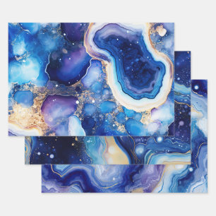 Hoja De Papel De Regalo Geoda Abstracta Morado Azul con Mineral Dorado