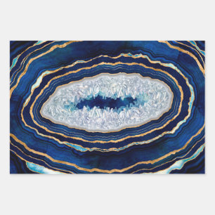 Hoja De Papel De Regalo Geode azul oscuro y arte digital de oro