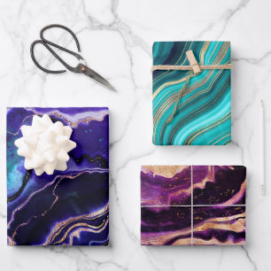 Hoja De Papel De Regalo Geode Deep Blue Púrpura Rosa Oro Agante Verde Rosa