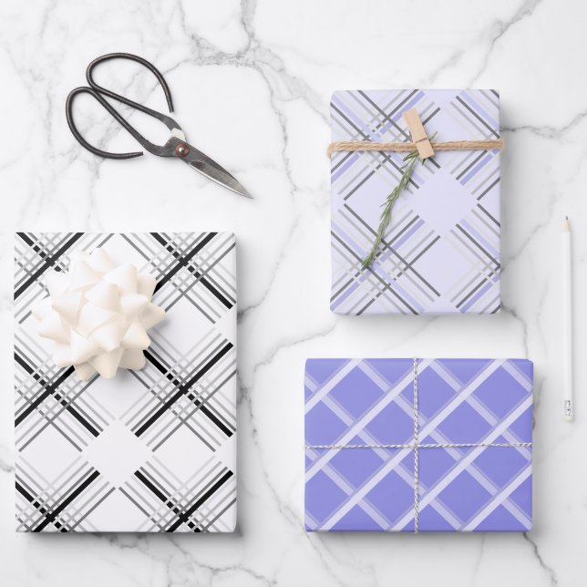 Hoja De Papel De Regalo Geometría Moderna Tartán En Blanco Lilac Y Negro (Anverso)