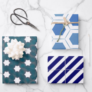 Hoja De Papel De Regalo Geométrico moderno azul blanco
