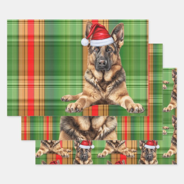 Hoja De Papel De Regalo German Shepherd Christmas Dog Red Holiday Plaid (Set)