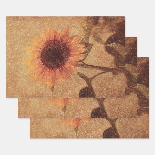 Hoja De Papel De Regalo Gigantesco Sunflower Sepia Amarillo Arte Floral (Set)