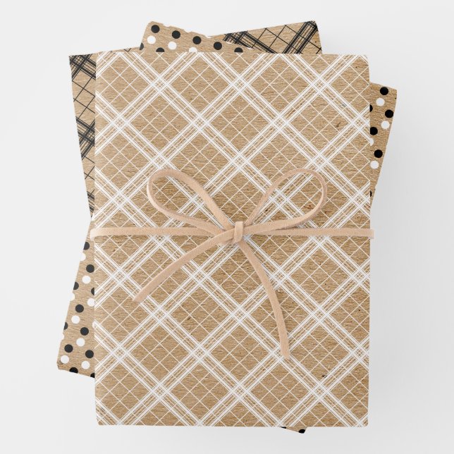 Hoja De Papel De Regalo Gingham Black White Polkadots En Faux Brown Kraft (In situ)